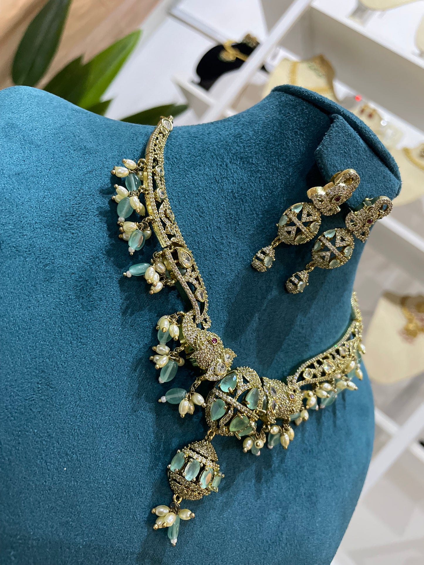 Premium AD Hasli Necklace Set (Mint)