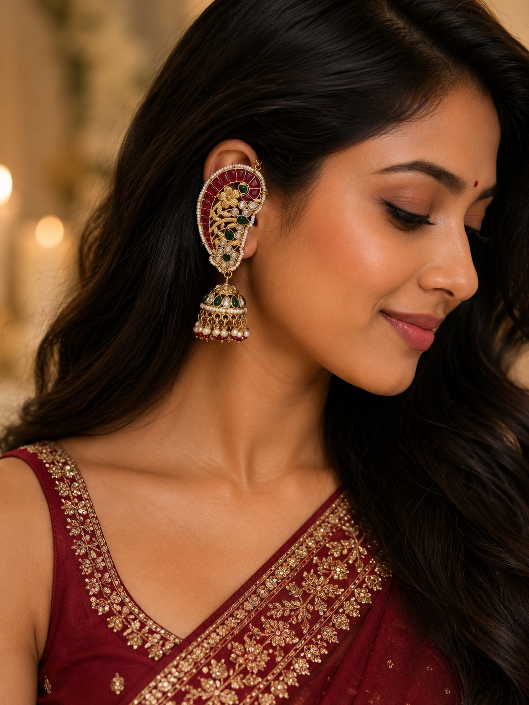 Premium Pota Stone Paisley Earcuff Jhumka with attached EarChain