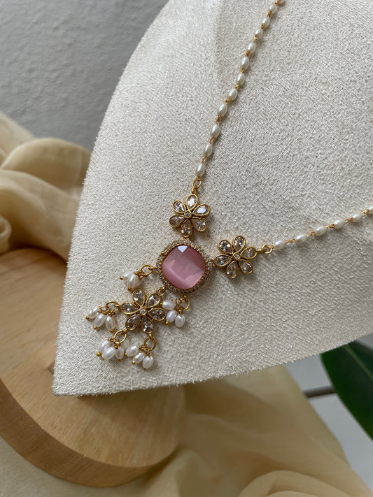Premium Antique Brass Rice Pearl Mala (Pink)