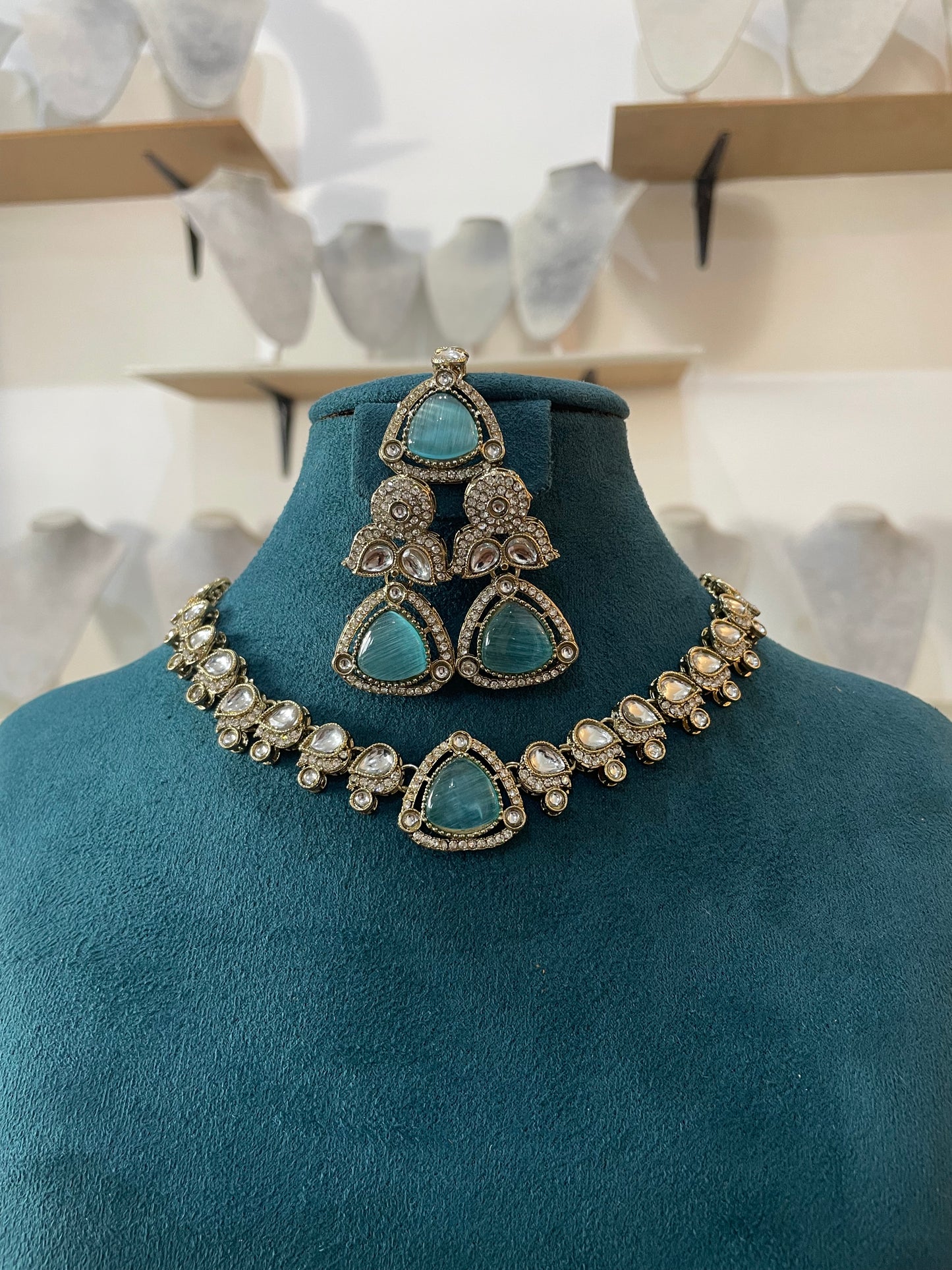 Premium Polki Choker Set comes with earrings and tikka (Antique Gold Base) - Aqua Blue