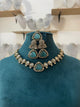 Premium Polki Choker Set comes with earrings and tikka (Antique Gold Base) - Aqua Blue