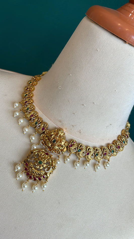 Premium Ad Matte Finish Ganesha Necklace Set with Jhumka