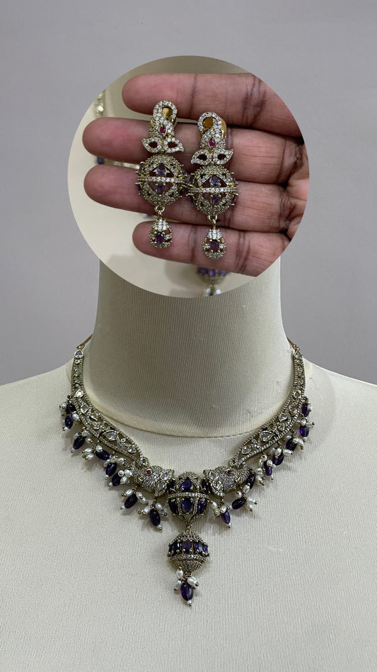Premium AD Hasli Necklace Set (Purple)
