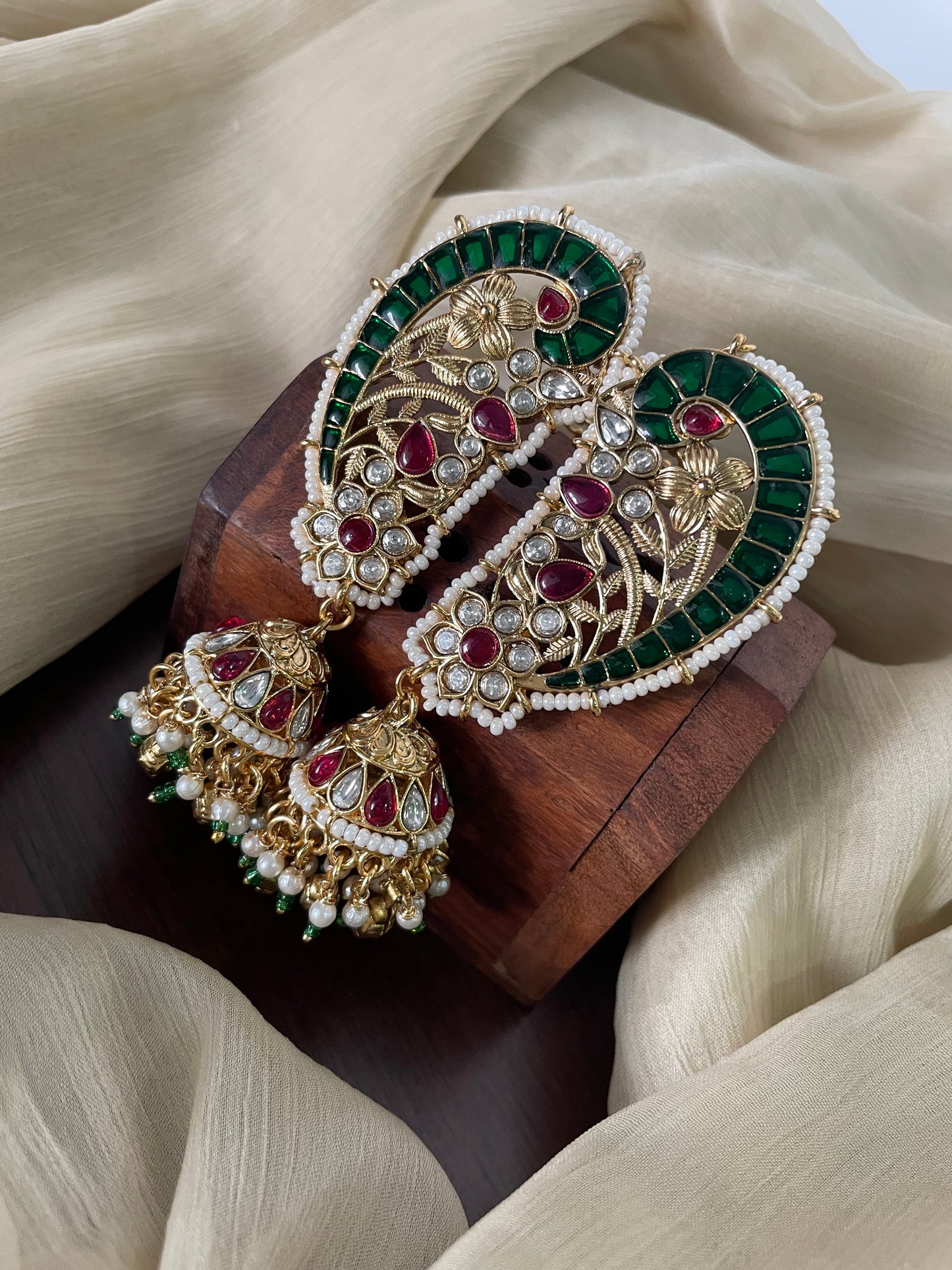 Premium Pota Stone Paisley Earcuff Jhumka with attached EarChain