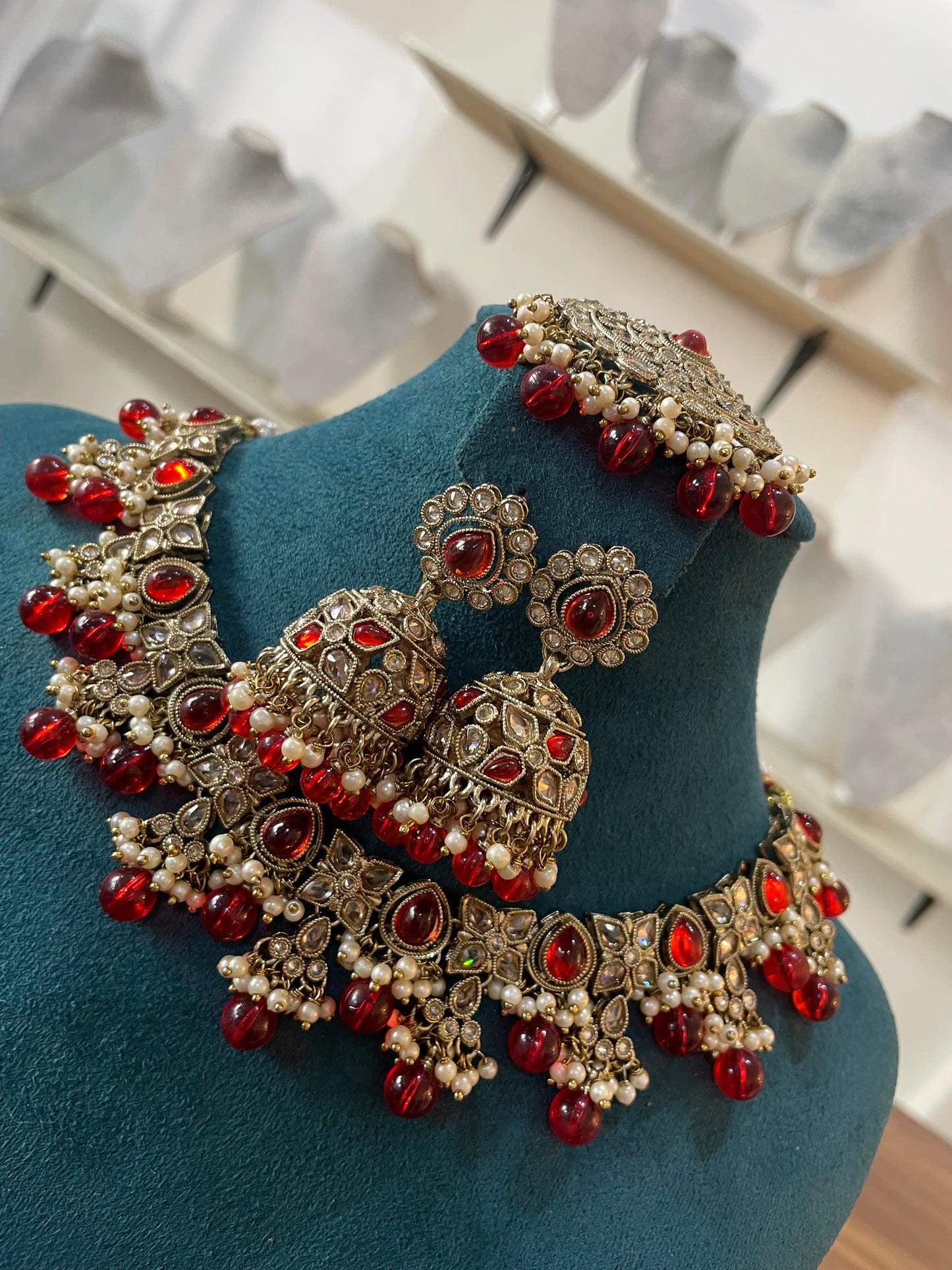 Mehndi Set with Earrings and Tikka (Red)