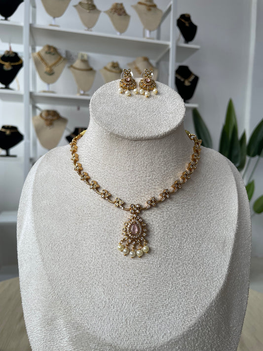 Premium AD Necklace Set (Pink)