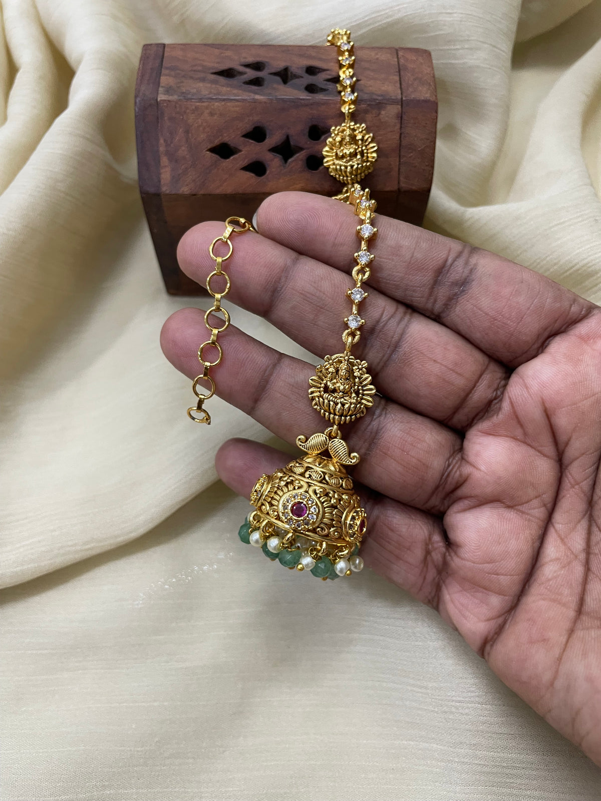 Premium AD Kemp Lakshmi Jhumka with attached earchain