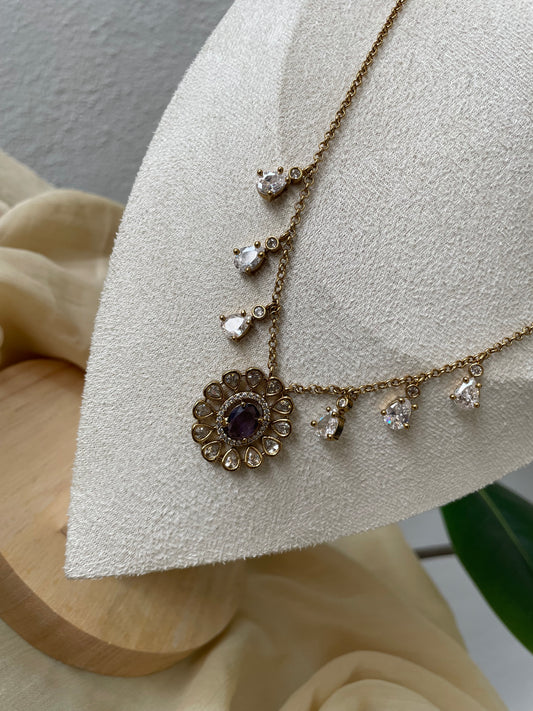 Elegant AD Stone Floral Pendant Chain Set (purple)