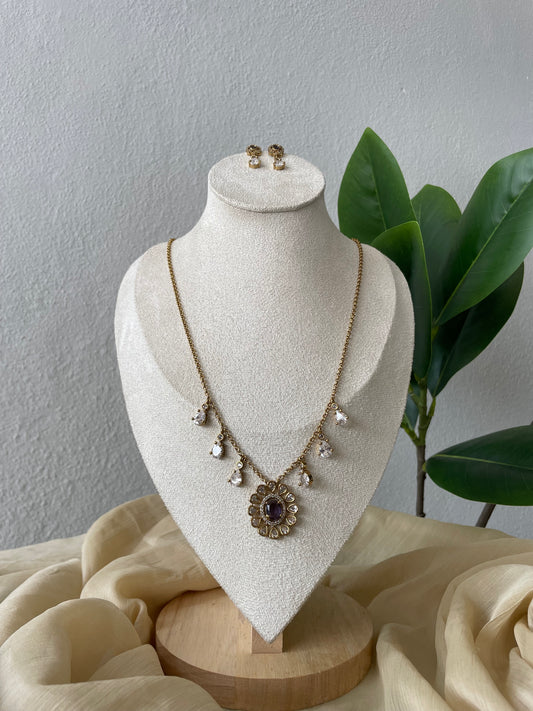 Elegant AD Stone Floral Pendant Chain Set (purple)