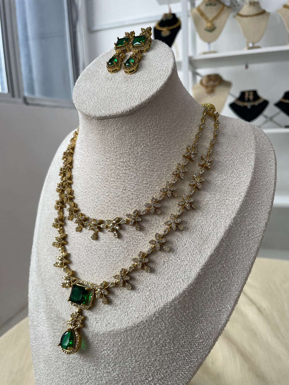 Premium AD Double Layer Necklace Set (Green)