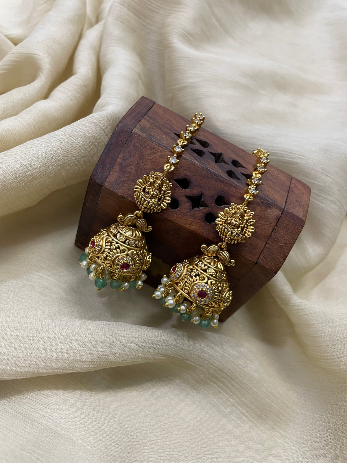 Premium AD Kemp Lakshmi Jhumka with attached earchain