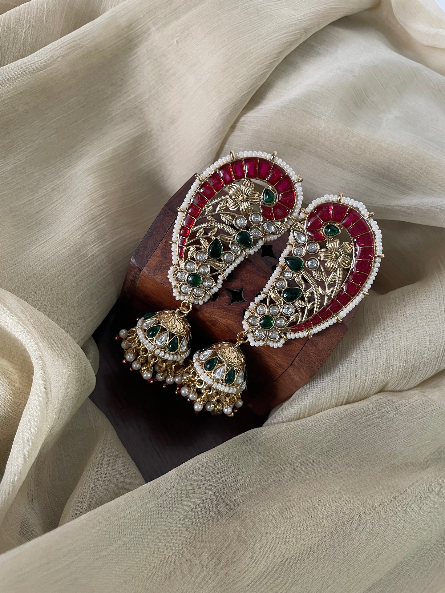 Premium Pota Stone Paisley Earcuff Jhumka with attached EarChain