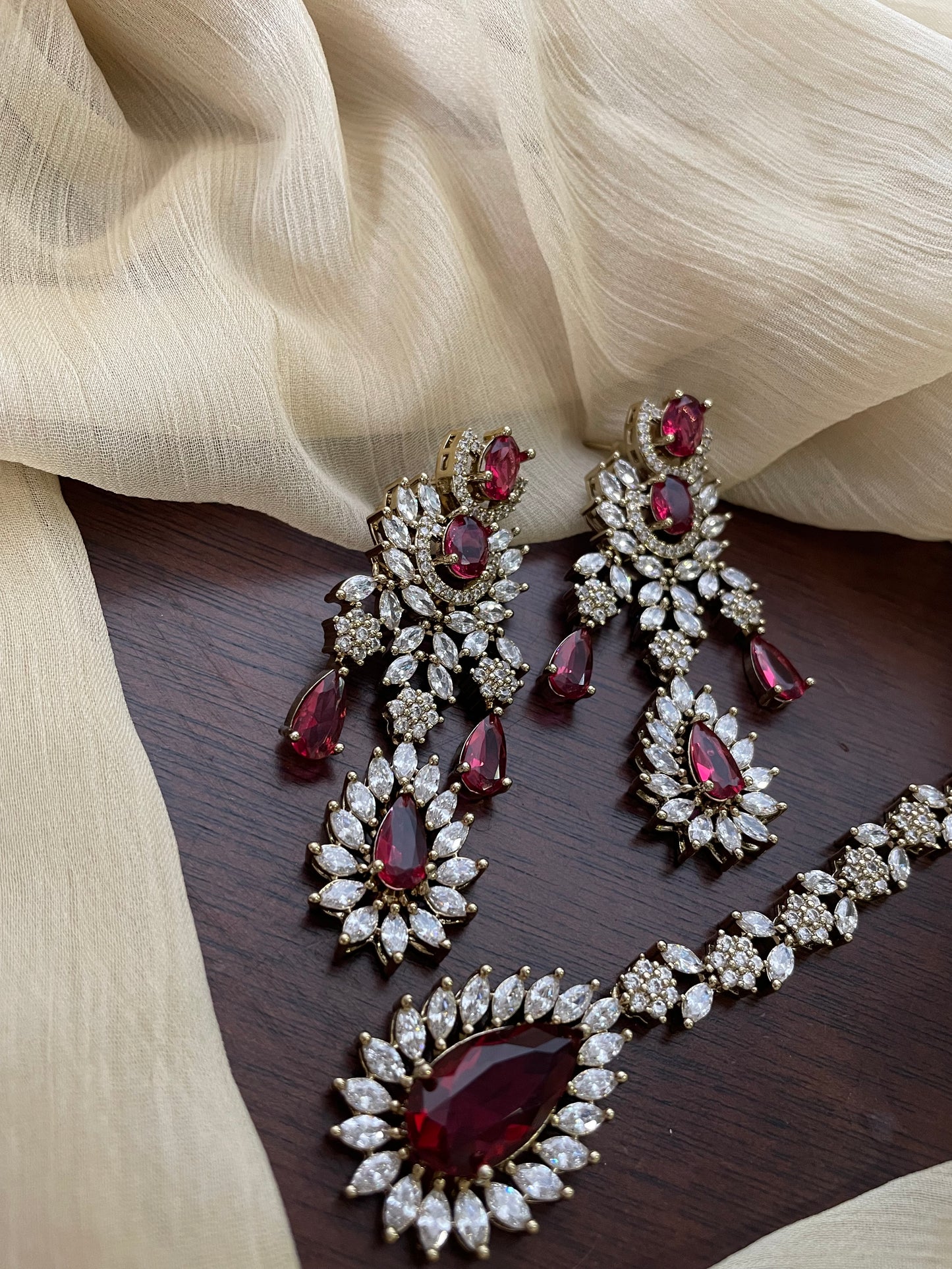 Premium Statement Ad Earring & Tikka Set - MAROON 
(Antique Gold Base)