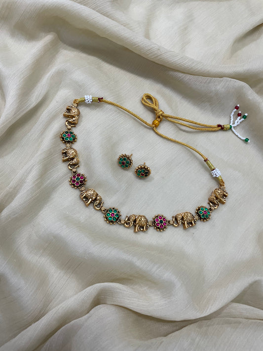 Ruby Green Elephant Design Necklace Set