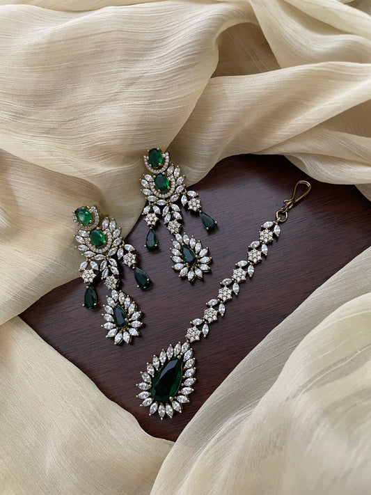 Premium Statement Ad Earring & Tikka Set - GREEN
(Antique Gold Base)