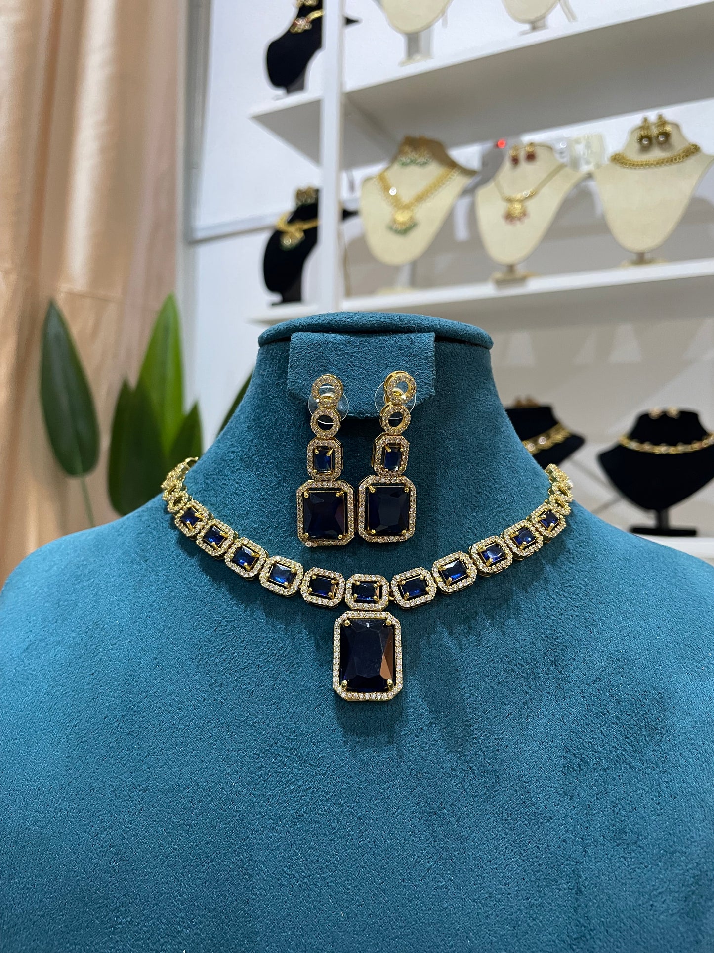 AD Necklace Set (Gold Base) - Blue