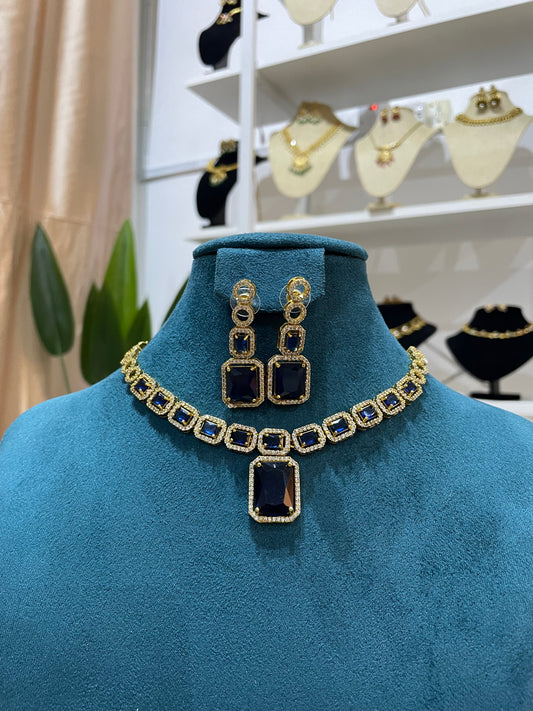 AD Necklace Set (Gold Base) - Blue