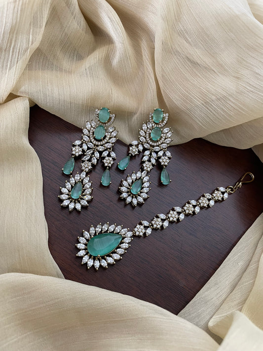 Premium Statement Ad Earring & Tikka Set - MINT
(Antique Gold Base)