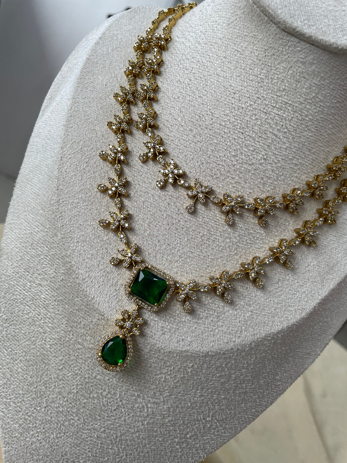 Premium AD Double Layer Necklace Set (Green)
