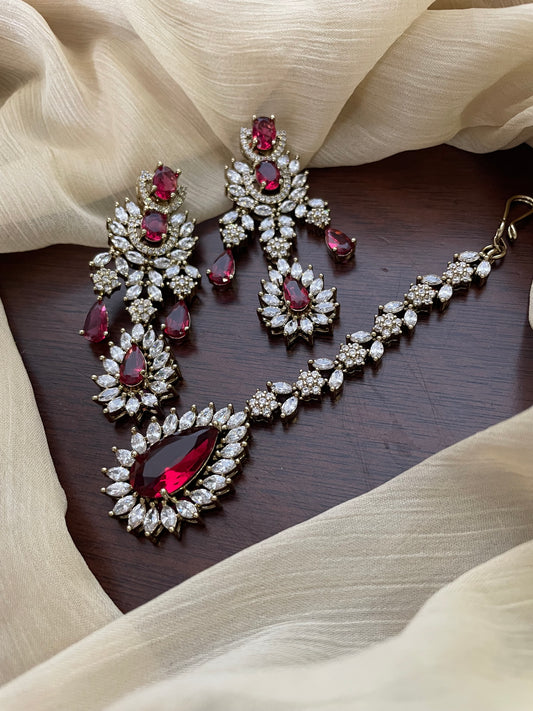 Premium Statement Ad Earring & Tikka Set - MAROON 
(Antique Gold Base)