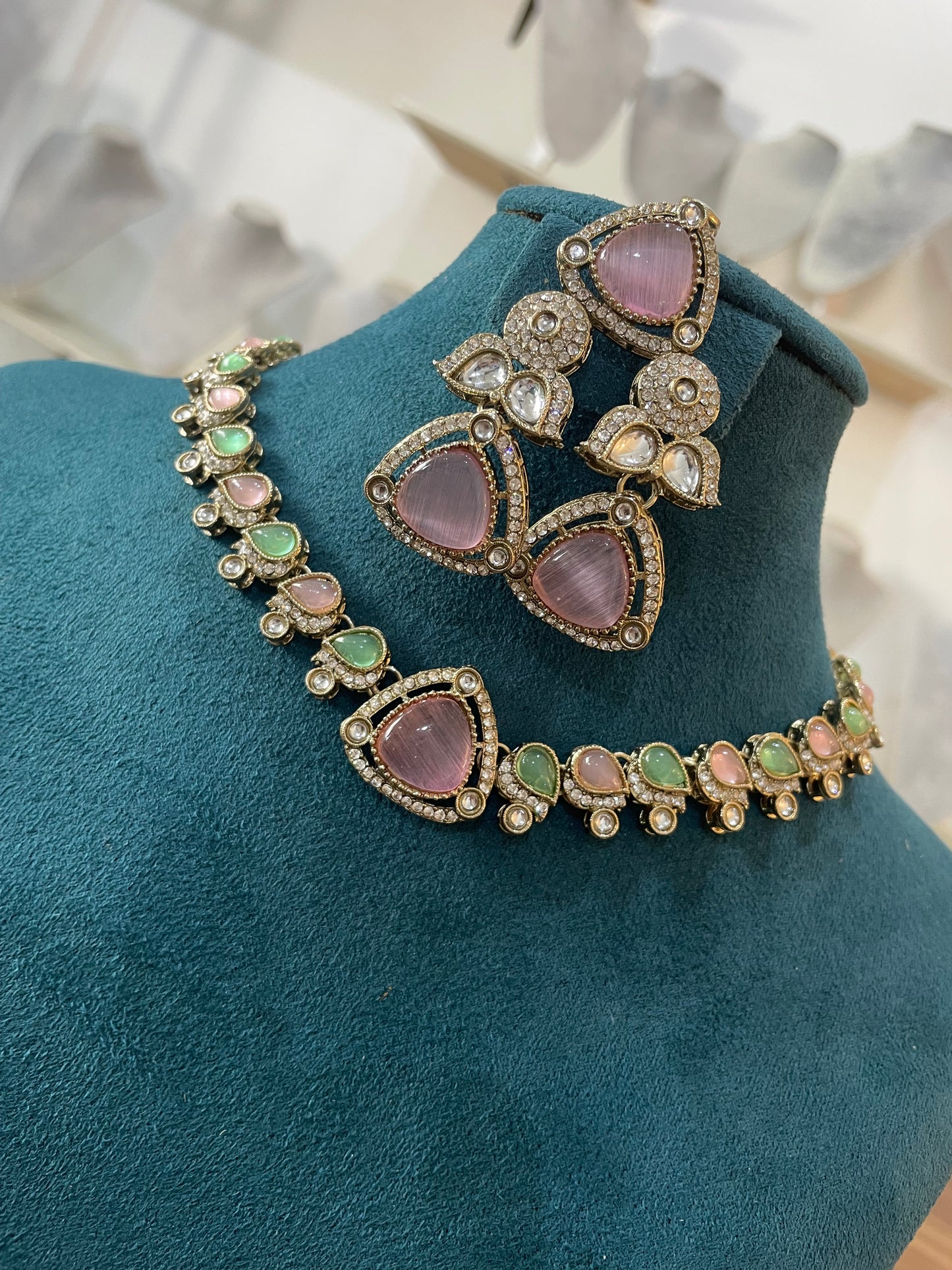 Premium Polki Choker Set comes with earrings and tikka (Antique Gold Base) - Mint Pink
