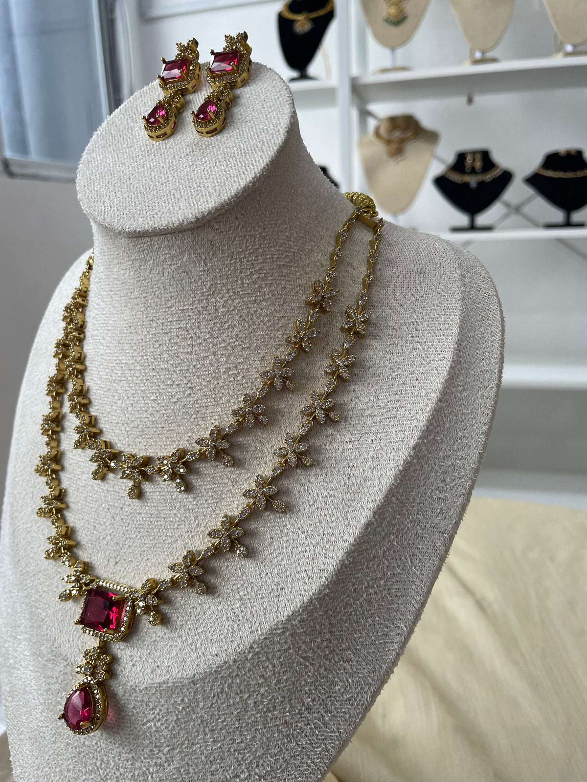 Premium AD Double Layer Necklace Set (Red)