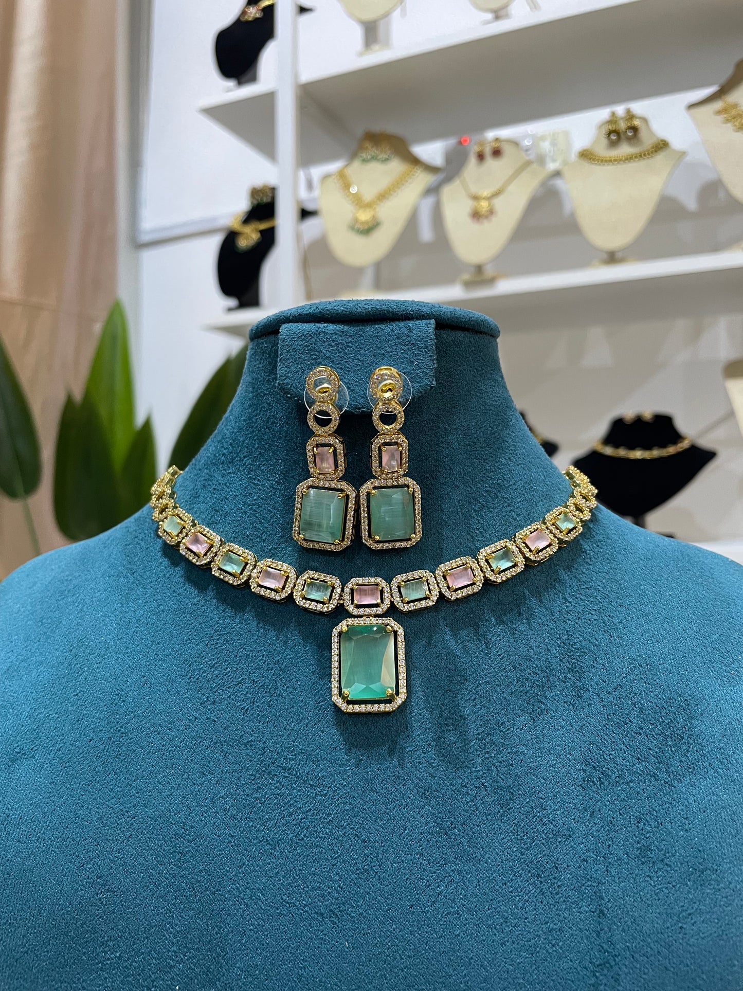 AD Necklace Set (Gold Base) - MintPink