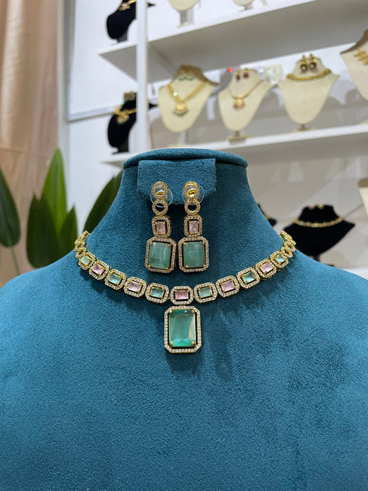 AD Necklace Set (Gold Base) - MintPink