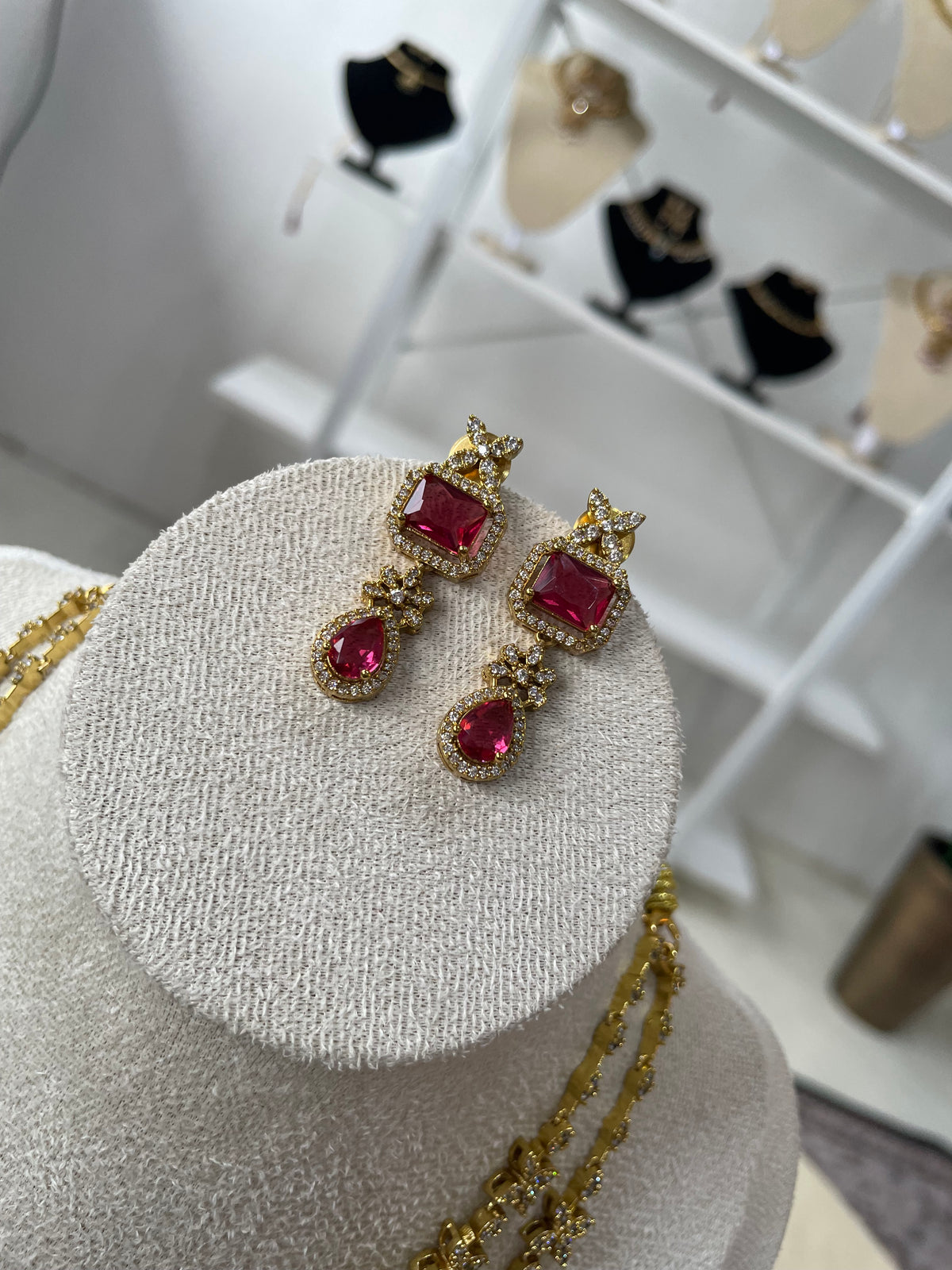 Premium AD Double Layer Necklace Set (Red)