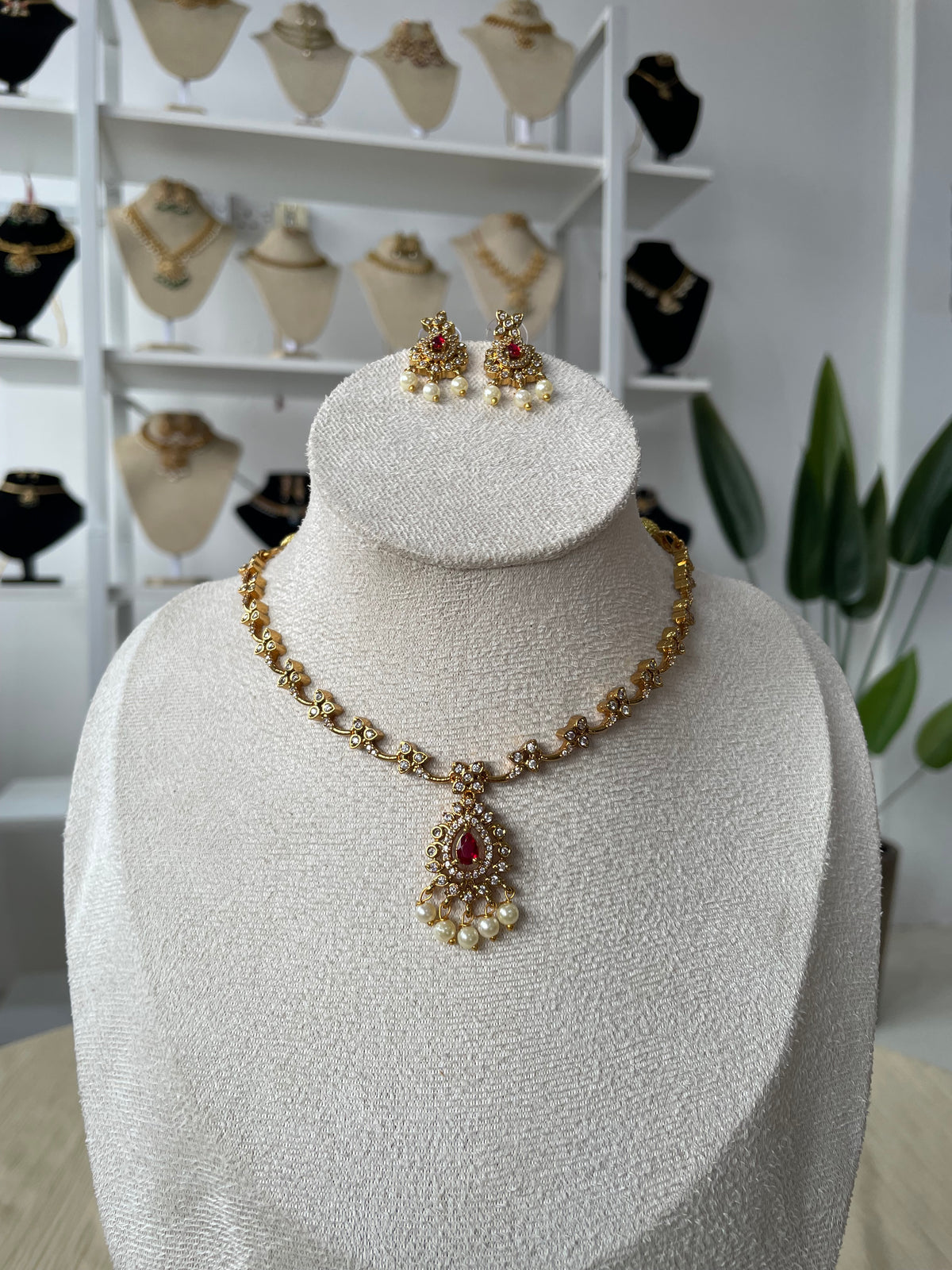 Premium AD Necklace Set (Red)