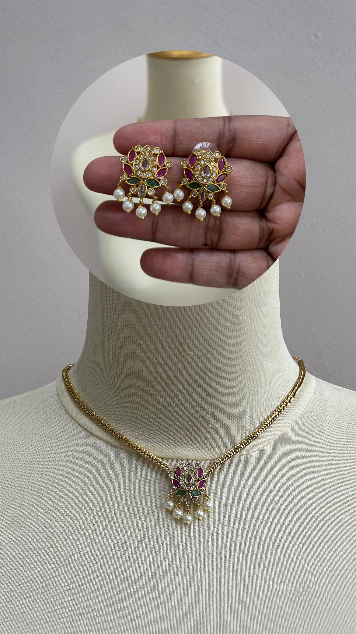 Premium Kemp Lotus Necklace Set with Pearl Drops - comes with back chain