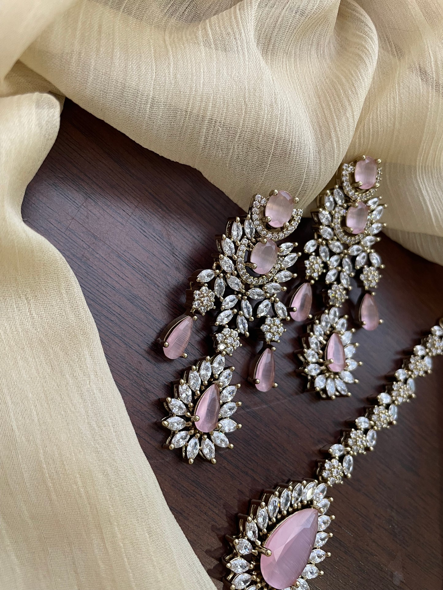 Premium Statement Ad Earring & Tikka Set - PINK
(Antique Gold Base)