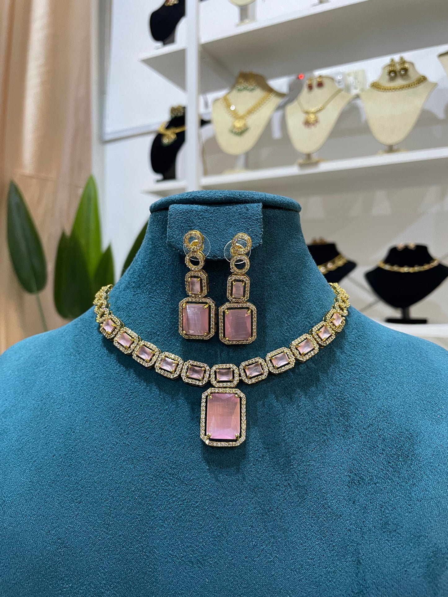 AD Necklace Set (Gold Base) - Pink