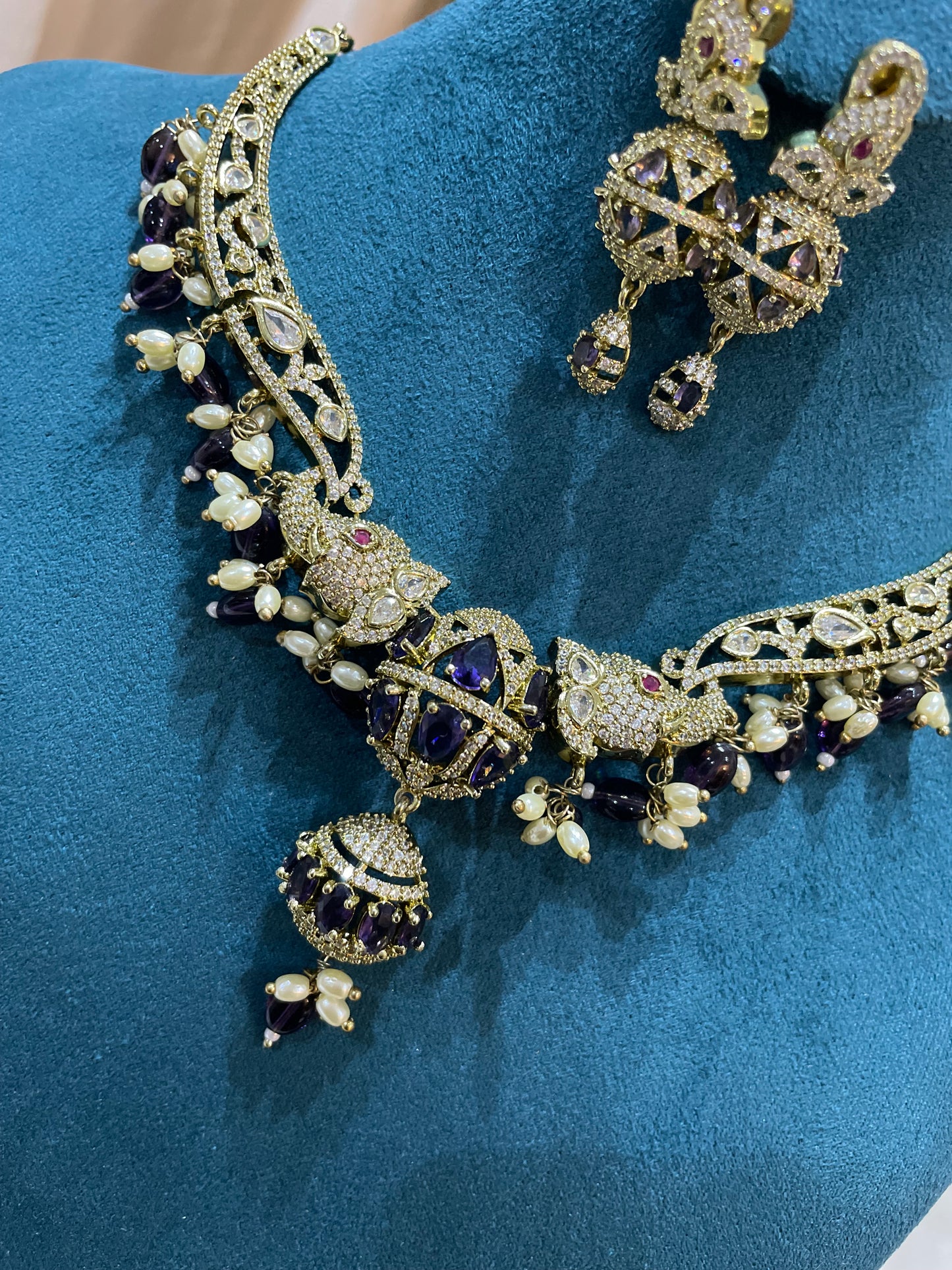 Premium AD Hasli Necklace Set (Purple)
