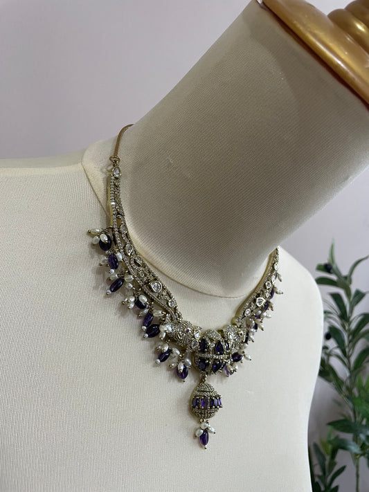 Premium AD Hasli Necklace Set (Purple)