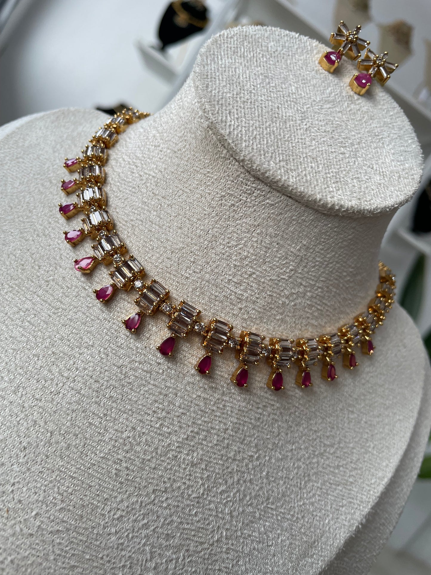 Premium Ruby Teardrop Necklace with clear baguette cut AD stones