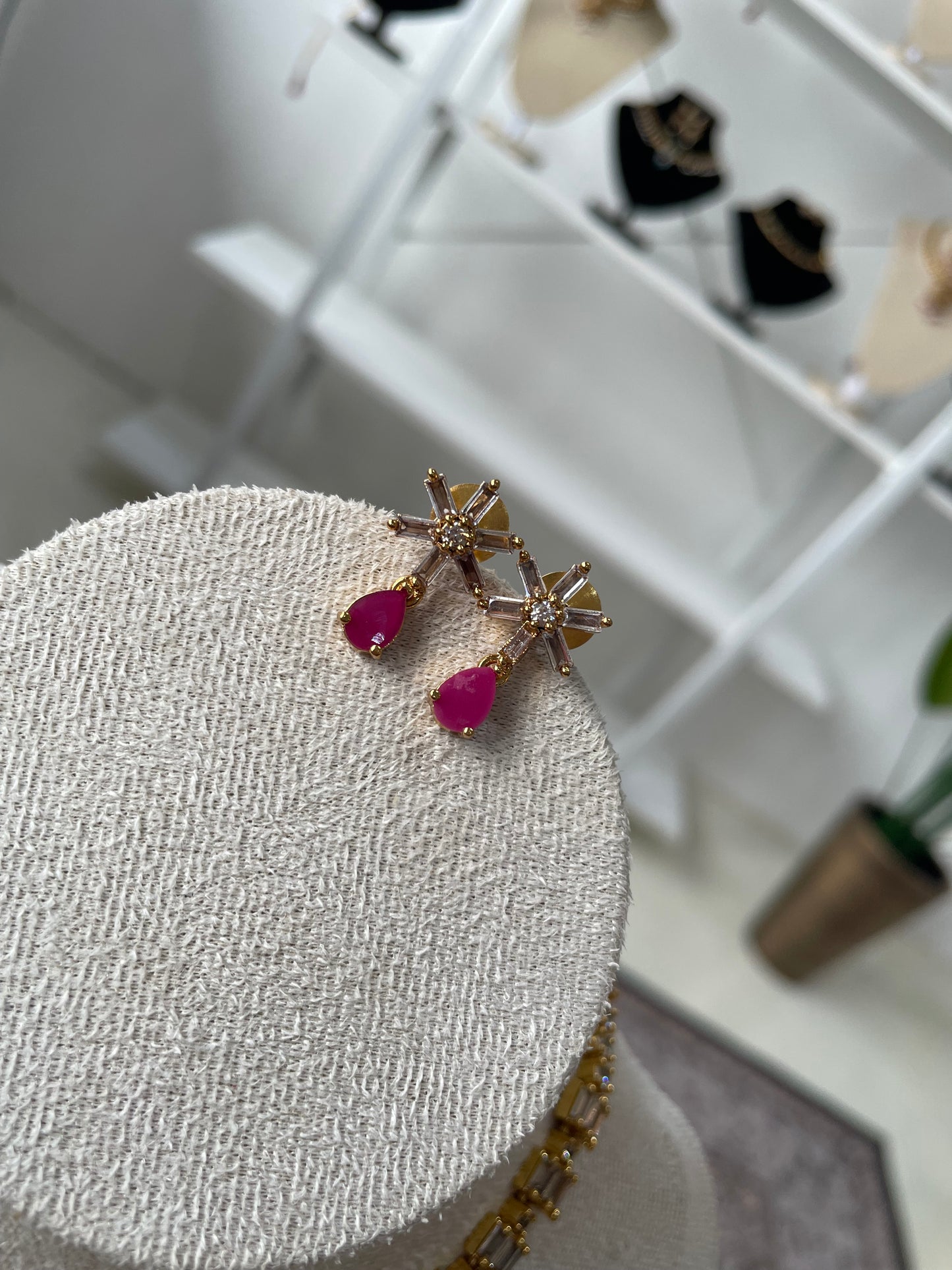 Premium Ruby Teardrop Necklace with clear baguette cut AD stones