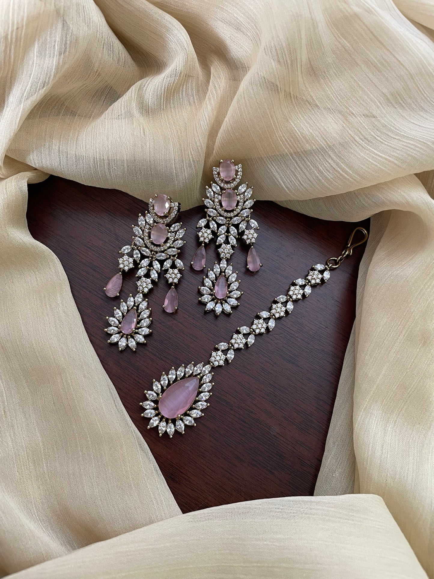 Premium Statement Ad Earring & Tikka Set - PINK
(Antique Gold Base)