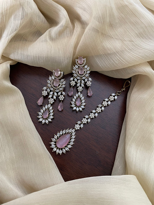 Premium Statement Ad Earring & Tikka Set - PINK
(Antique Gold Base)