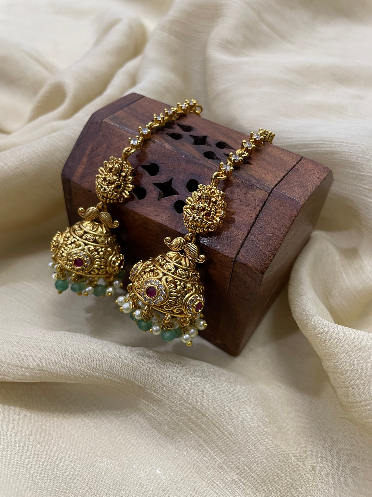 Premium AD Kemp Lakshmi Jhumka with attached earchain