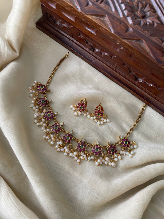 Premium Floral Kemp Pearl Necklace Set
