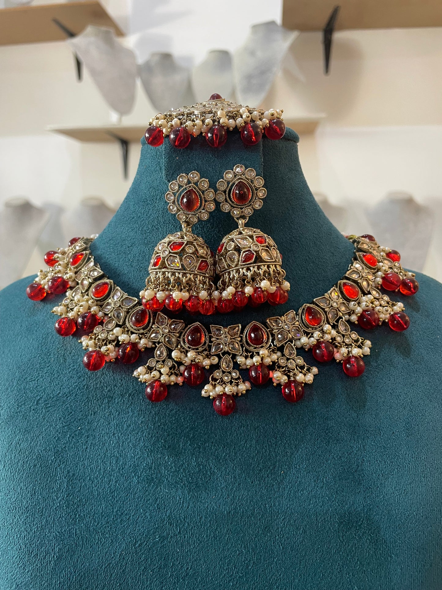 Mehndi Set with Earrings and Tikka (Red)
