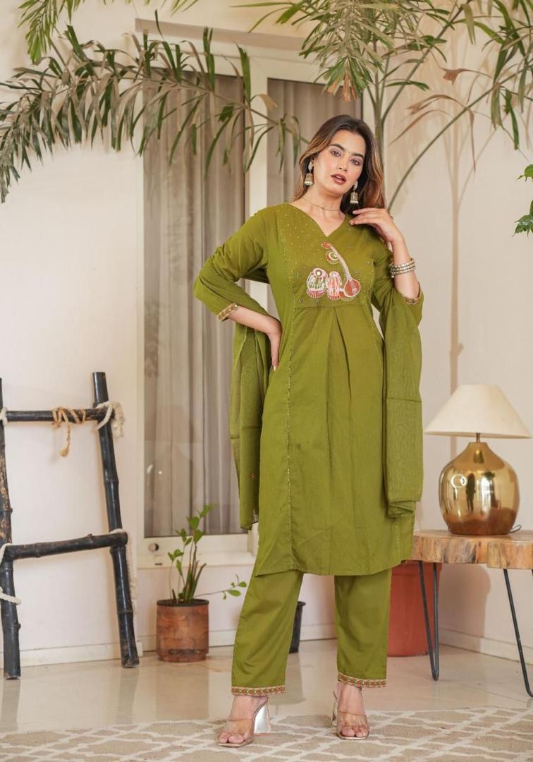 3-Piece Cotton Suit (Olive Green)