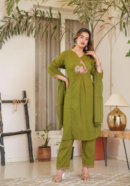 3-Piece Cotton Suit (Olive Green)