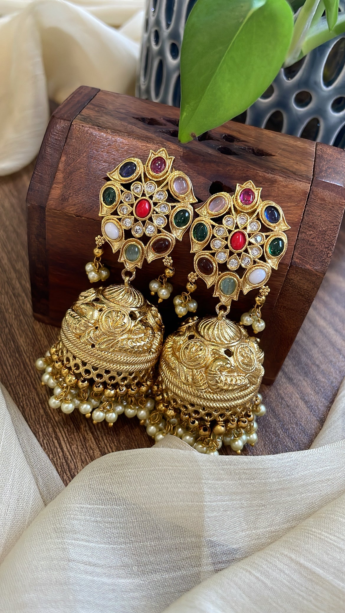 Premium Ad Stone Navratna Jhumki