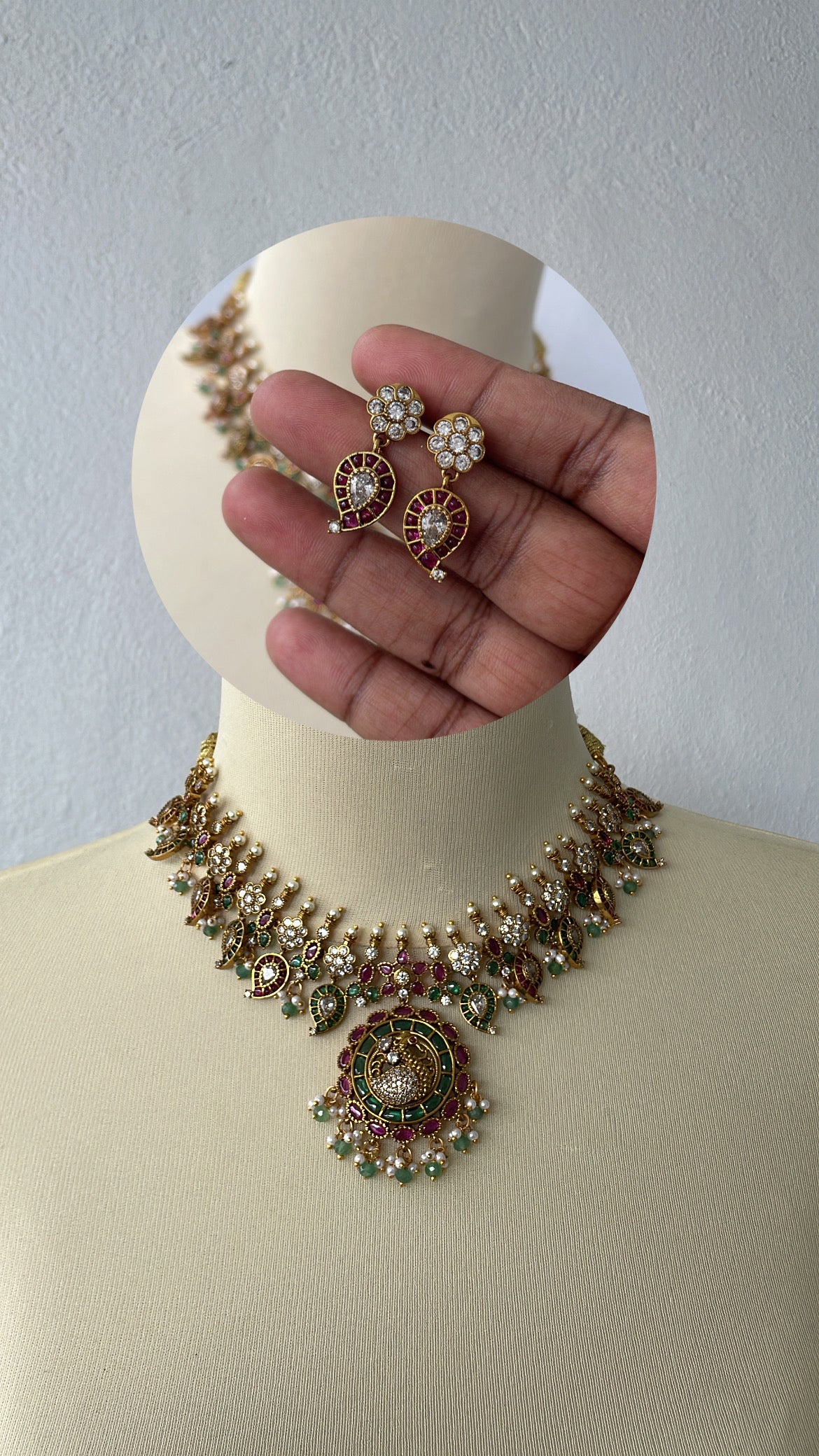 Premium Kemp Stone Peacock Necklace Set