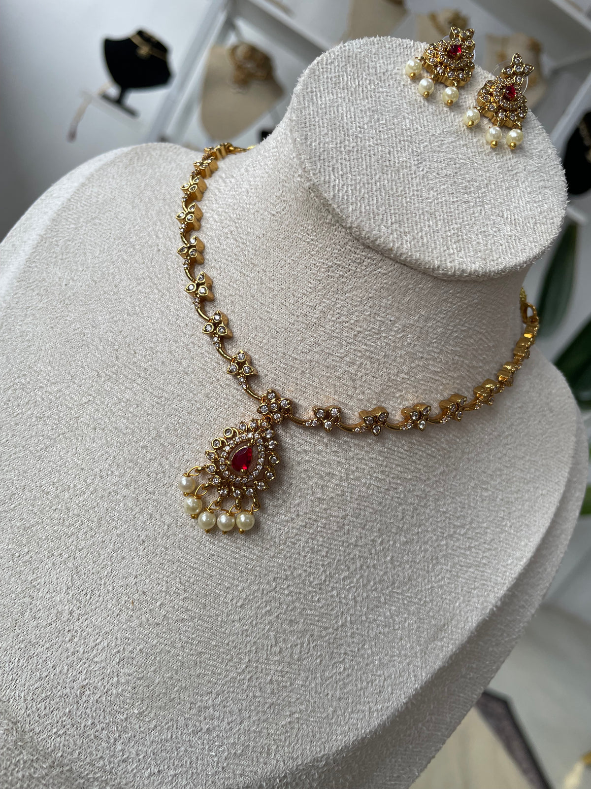 Premium AD Necklace Set (Red)
