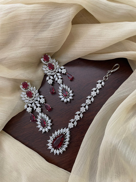 Premium Statement Ad Earring & Tikka Set - Maroon
(Silver Base)
