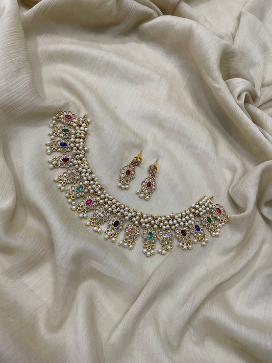 Navaratna Pearl Cluster Necklace