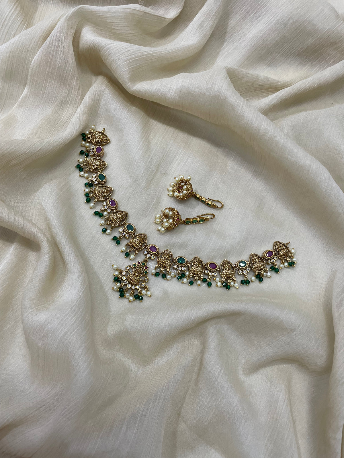 Ruby Green Lakshmi Necklace with Jhumka
